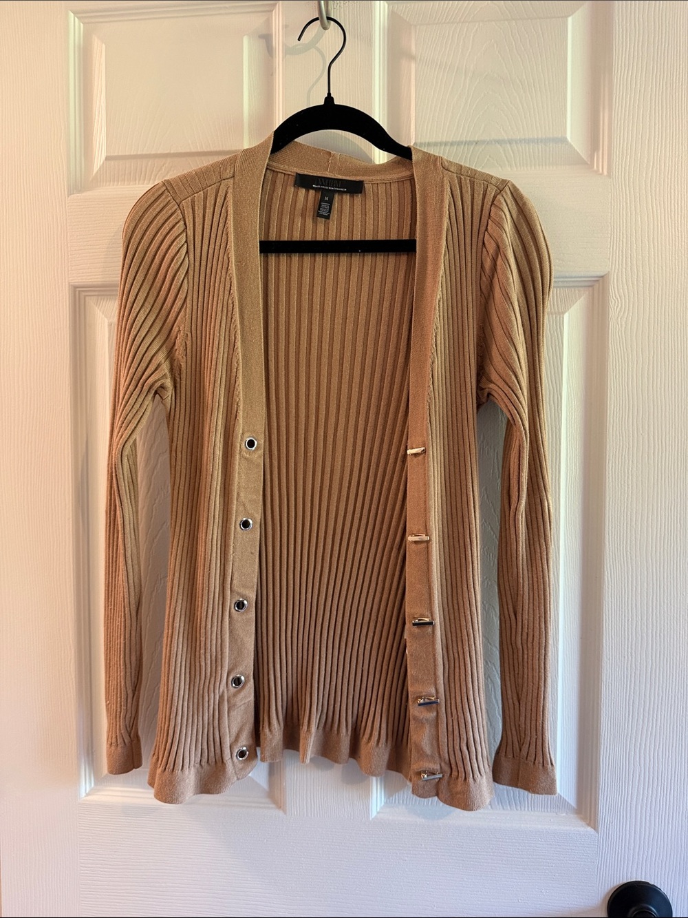 White House Black Market Ribbed Open-Front Cardigan in Camel